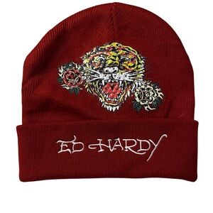 Ed Hardy Kids Burgundy Beanie with Tiger Design